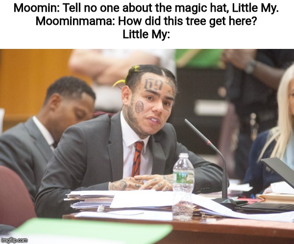 6ixMyne | Moomin: Tell no one about the magic hat, Little My.

Moominmama: How did this tree get here?

Little My: | image tagged in tekashi 6ix9ine testifies | made w/ Imgflip meme maker