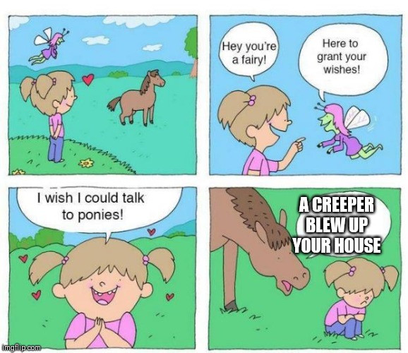 Talk to Ponies | A CREEPER BLEW UP YOUR HOUSE | image tagged in talk to ponies | made w/ Imgflip meme maker