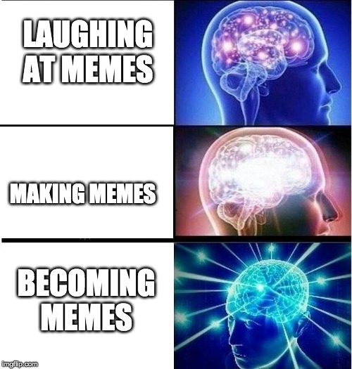 Expanding brain 3 panels | LAUGHING AT MEMES; MAKING MEMES; BECOMING MEMES | image tagged in expanding brain 3 panels | made w/ Imgflip meme maker