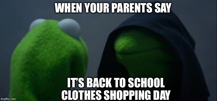 Evil Kermit Meme | WHEN YOUR PARENTS SAY; IT’S BACK TO SCHOOL CLOTHES SHOPPING DAY | image tagged in memes,evil kermit | made w/ Imgflip meme maker