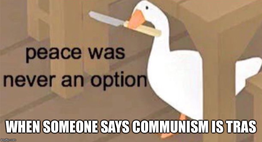 Untitled Goose Peace Was Never an Option | WHEN SOMEONE SAYS COMMUNISM IS TRASH | image tagged in untitled goose peace was never an option | made w/ Imgflip meme maker