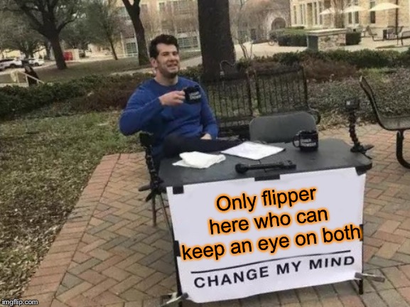 Change My Mind Meme | Only flipper here who can keep an eye on both | image tagged in memes,change my mind | made w/ Imgflip meme maker