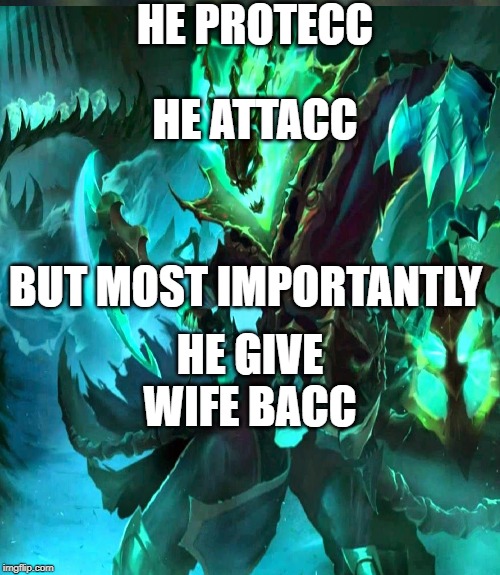 Thresh Senna and Lucian Walks into a bar | HE PROTECC; HE ATTACC; HE GIVE WIFE BACC; BUT MOST IMPORTANTLY | image tagged in senna,lucian,thresh,lol,league,league of legends | made w/ Imgflip meme maker