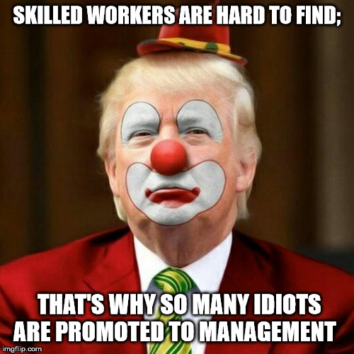 Welcome to the DC Circus! | SKILLED WORKERS ARE HARD TO FIND;; THAT'S WHY SO MANY IDIOTS ARE PROMOTED TO MANAGEMENT | image tagged in donald trump,trump clown,skilled workers | made w/ Imgflip meme maker
