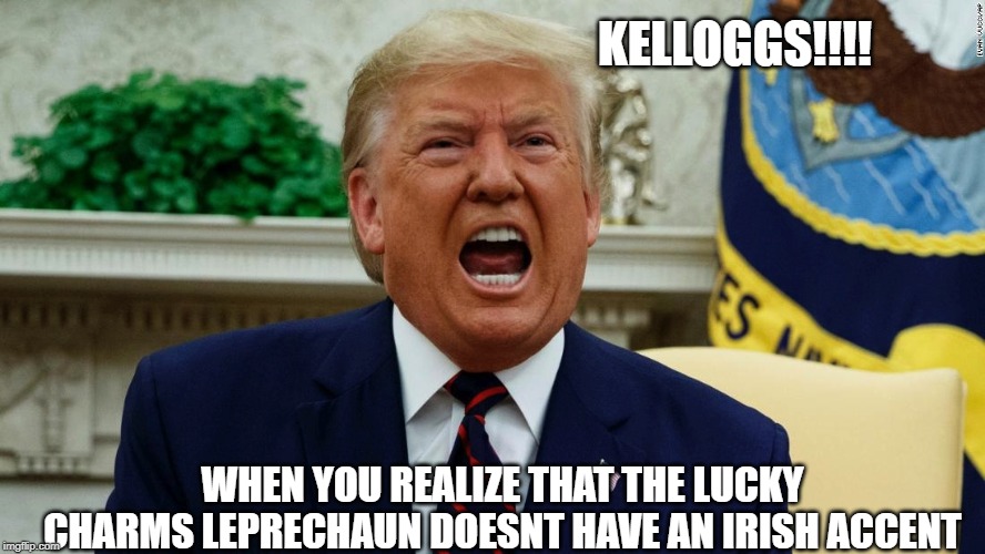 Trump screaming in fear | KELLOGGS!!!! WHEN YOU REALIZE THAT THE LUCKY CHARMS LEPRECHAUN DOESNT HAVE AN IRISH ACCENT | image tagged in trump screaming in fear | made w/ Imgflip meme maker