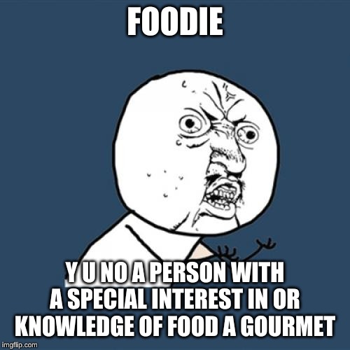 Foodie | FOODIE; Y U NO A PERSON WITH A SPECIAL INTEREST IN OR KNOWLEDGE OF FOOD A GOURMET | image tagged in memes,y u no | made w/ Imgflip meme maker