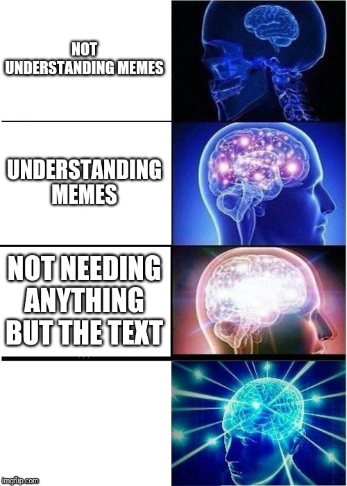 Expanding brain | NOT UNDERSTANDING MEMES; UNDERSTANDING MEMES; NOT NEEDING ANYTHING BUT THE TEXT | image tagged in memes,expanding brain | made w/ Imgflip meme maker