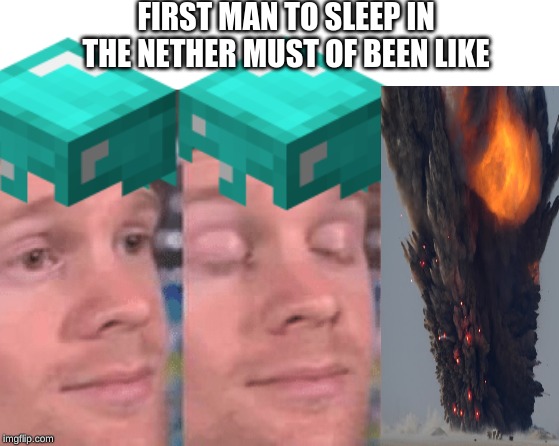 FIRST MAN TO SLEEP IN THE NETHER MUST OF BEEN LIKE | image tagged in the first person to | made w/ Imgflip meme maker