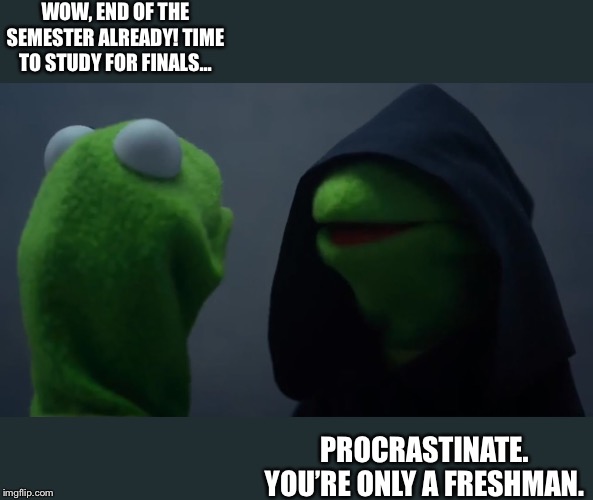 Kermit Dark Side | WOW, END OF THE SEMESTER ALREADY! TIME TO STUDY FOR FINALS... PROCRASTINATE. YOU’RE ONLY A FRESHMAN. | image tagged in kermit dark side | made w/ Imgflip meme maker