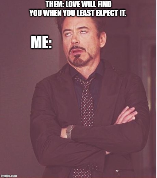 Face You Make Robert Downey Jr | THEM: LOVE WILL FIND YOU WHEN YOU LEAST EXPECT IT. ME: | image tagged in memes,face you make robert downey jr | made w/ Imgflip meme maker