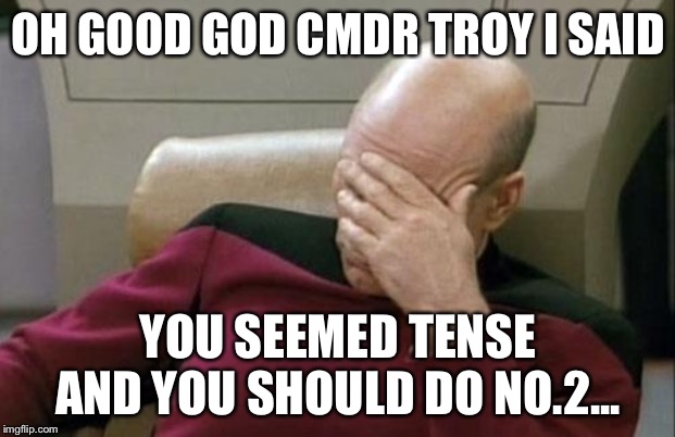 Captain Picard Facepalm | OH GOOD GOD CMDR TROY I SAID; YOU SEEMED TENSE AND YOU SHOULD DO NO.2... | image tagged in memes,captain picard facepalm | made w/ Imgflip meme maker