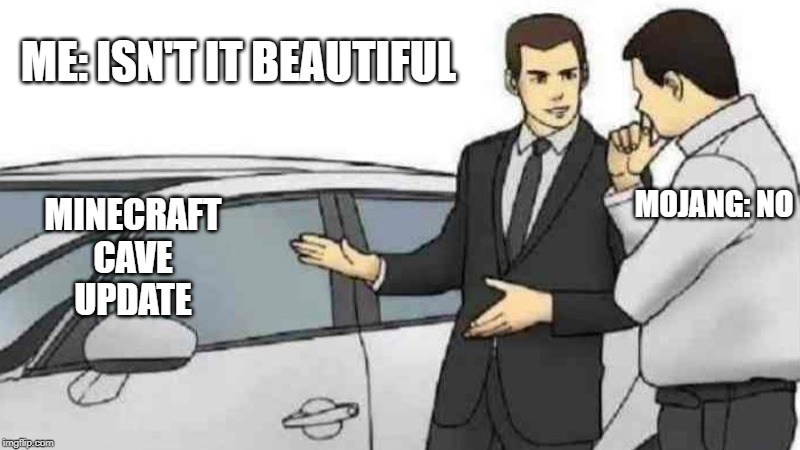 Car Salesman Slaps Roof Of Car | ME: ISN'T IT BEAUTIFUL; MOJANG: NO; MINECRAFT CAVE UPDATE | image tagged in memes,car salesman slaps roof of car | made w/ Imgflip meme maker