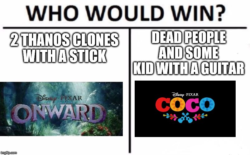 Who Would Win? Meme | DEAD PEOPLE AND SOME KID WITH A GUITAR; 2 THANOS CLONES WITH A STICK | image tagged in memes,who would win | made w/ Imgflip meme maker