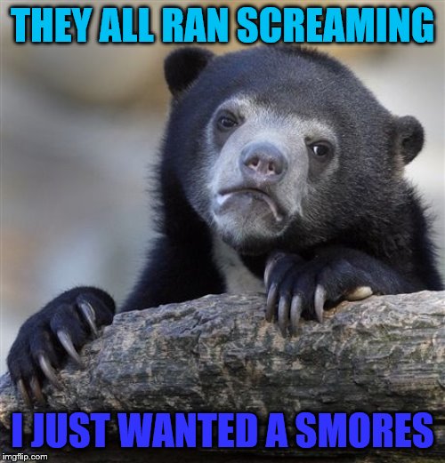 Confession Bear Meme | THEY ALL RAN SCREAMING; I JUST WANTED A SMORES | image tagged in memes,confession bear,funny | made w/ Imgflip meme maker
