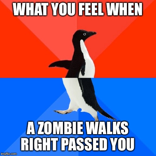 Socially Awesome Awkward Penguin Meme | WHAT YOU FEEL WHEN; A ZOMBIE WALKS RIGHT PASSED YOU | image tagged in memes,socially awesome awkward penguin | made w/ Imgflip meme maker