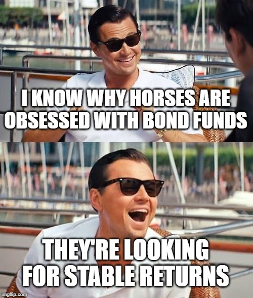 Leonardo Dicaprio Wolf Of Wall Street | I KNOW WHY HORSES ARE OBSESSED WITH BOND FUNDS; THEY'RE LOOKING FOR STABLE RETURNS | image tagged in memes,leonardo dicaprio wolf of wall street | made w/ Imgflip meme maker
