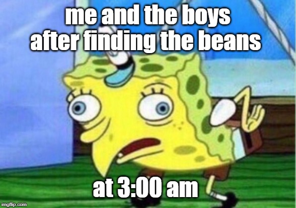 Mocking Spongebob | me and the boys after finding the beans; at 3:00 am | image tagged in memes,mocking spongebob | made w/ Imgflip meme maker