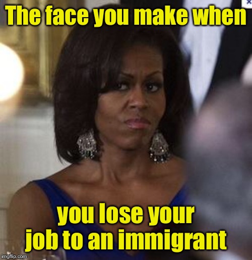 Michelle Obama side eye | The face you make when; you lose your job to an immigrant | image tagged in michelle obama side eye,melania trump | made w/ Imgflip meme maker