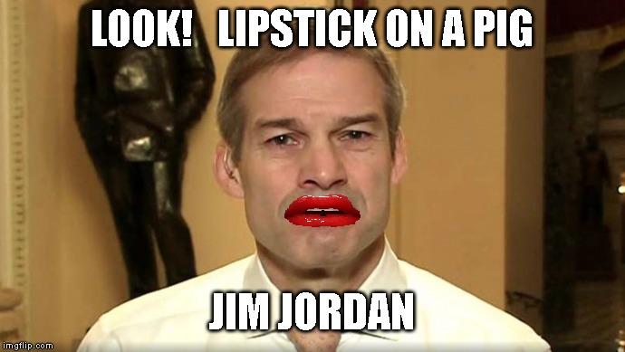 Co-Conspirator Jim Jordan | LOOK!   LIPSTICK ON A PIG; JIM JORDAN | image tagged in impeach trump,impeach,impeachment,trump impeachment,jim jordan,government corruption | made w/ Imgflip meme maker