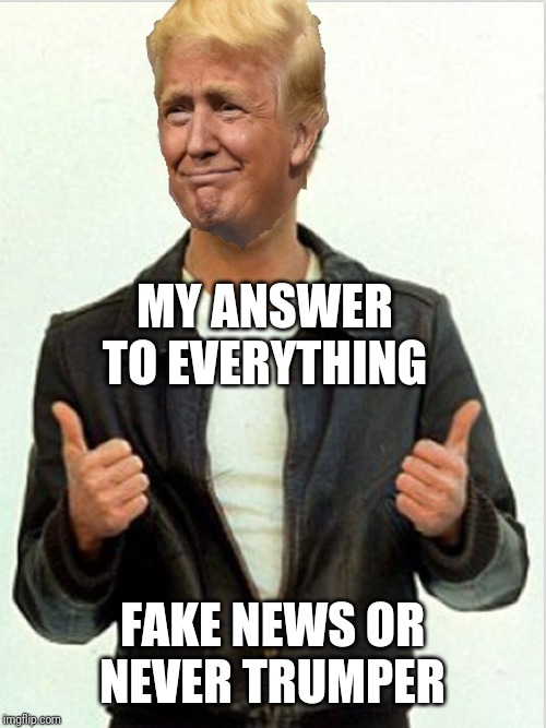 Ayyyyyyy my supporters are stupid enough to believe me | MY ANSWER TO EVERYTHING; FAKE NEWS OR NEVER TRUMPER | image tagged in fonzie trump | made w/ Imgflip meme maker