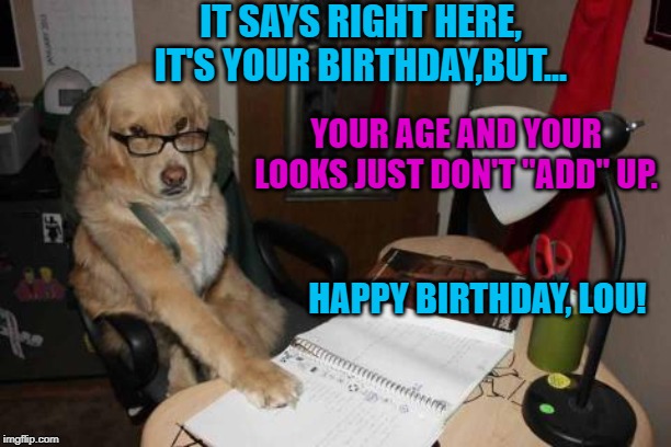Accountant Dog | IT SAYS RIGHT HERE, IT'S YOUR BIRTHDAY,BUT... YOUR AGE AND YOUR LOOKS JUST DON'T "ADD" UP. HAPPY BIRTHDAY, LOU! | image tagged in accountant dog | made w/ Imgflip meme maker