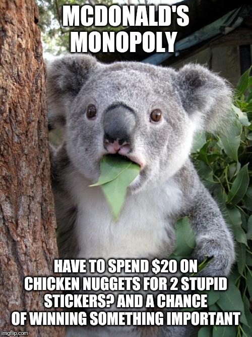 Surprised Koala Meme | MCDONALD'S MONOPOLY; HAVE TO SPEND $20 ON CHICKEN NUGGETS FOR 2 STUPID STICKERS? AND A CHANCE OF WINNING SOMETHING IMPORTANT | image tagged in memes,surprised koala | made w/ Imgflip meme maker