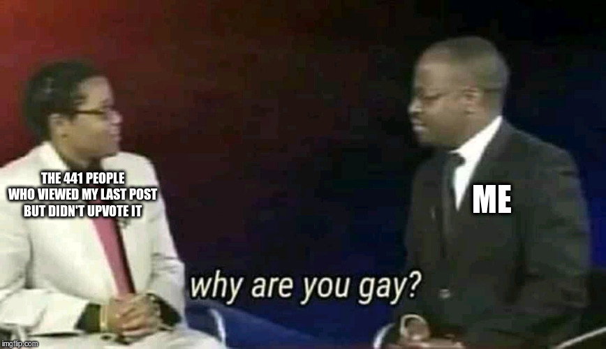 Why are you gay? | ME; THE 441 PEOPLE WHO VIEWED MY LAST POST BUT DIDN'T UPVOTE IT | image tagged in why are you gay | made w/ Imgflip meme maker