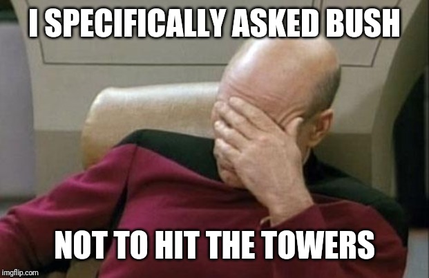 Captain Picard Facepalm | I SPECIFICALLY ASKED BUSH; NOT TO HIT THE TOWERS | image tagged in memes,captain picard facepalm | made w/ Imgflip meme maker