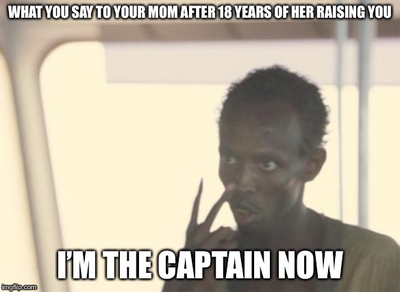 I'm The Captain Now Meme | WHAT YOU SAY TO YOUR MOM AFTER 18 YEARS OF HER RAISING YOU; I’M THE CAPTAIN NOW | image tagged in memes,i'm the captain now | made w/ Imgflip meme maker