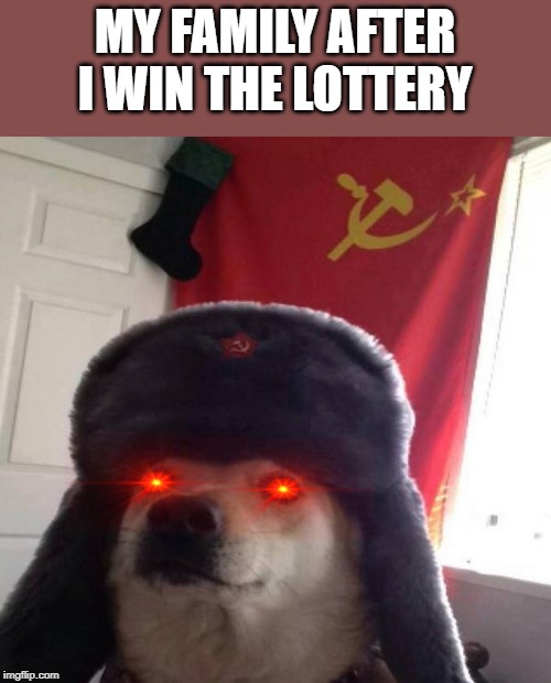 Russian Doge | MY FAMILY AFTER I WIN THE LOTTERY | image tagged in russian doge | made w/ Imgflip meme maker