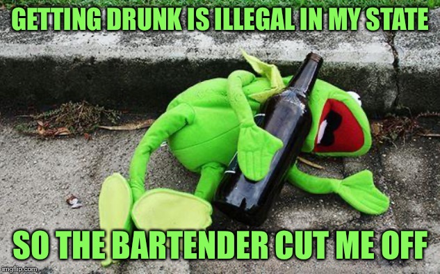 Drunk Kermit | GETTING DRUNK IS ILLEGAL IN MY STATE; SO THE BARTENDER CUT ME OFF | image tagged in drunk kermit,memes,funny,alcohol,alcoholism | made w/ Imgflip meme maker