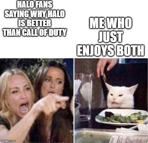 Real housewives screaming cat | HALO FANS SAYING WHY HALO IS BETTER THAN CALL OF DUTY; ME WHO JUST ENJOYS BOTH | image tagged in real housewives screaming cat | made w/ Imgflip meme maker