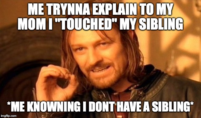 One Does Not Simply | ME TRYNNA EXPLAIN TO MY MOM I "TOUCHED" MY SIBLING; *ME KNOWNING I DONT HAVE A SIBLING* | image tagged in memes,one does not simply | made w/ Imgflip meme maker