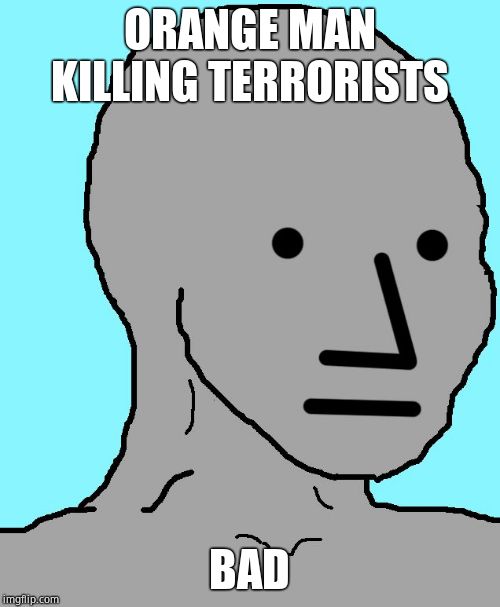 NPC Meme | ORANGE MAN KILLING TERRORISTS BAD | image tagged in memes,npc | made w/ Imgflip meme maker