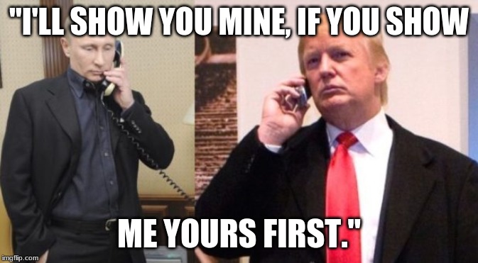 Trump Putin phone call | "I'LL SHOW YOU MINE, IF YOU SHOW; ME YOURS FIRST." | image tagged in trump putin phone call | made w/ Imgflip meme maker