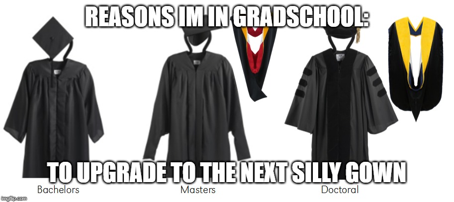 Reasons to attend Grad School |  REASONS IM IN GRADSCHOOL:; TO UPGRADE TO THE NEXT SILLY GOWN | image tagged in graduate,school,gown,funny,relateable,student | made w/ Imgflip meme maker