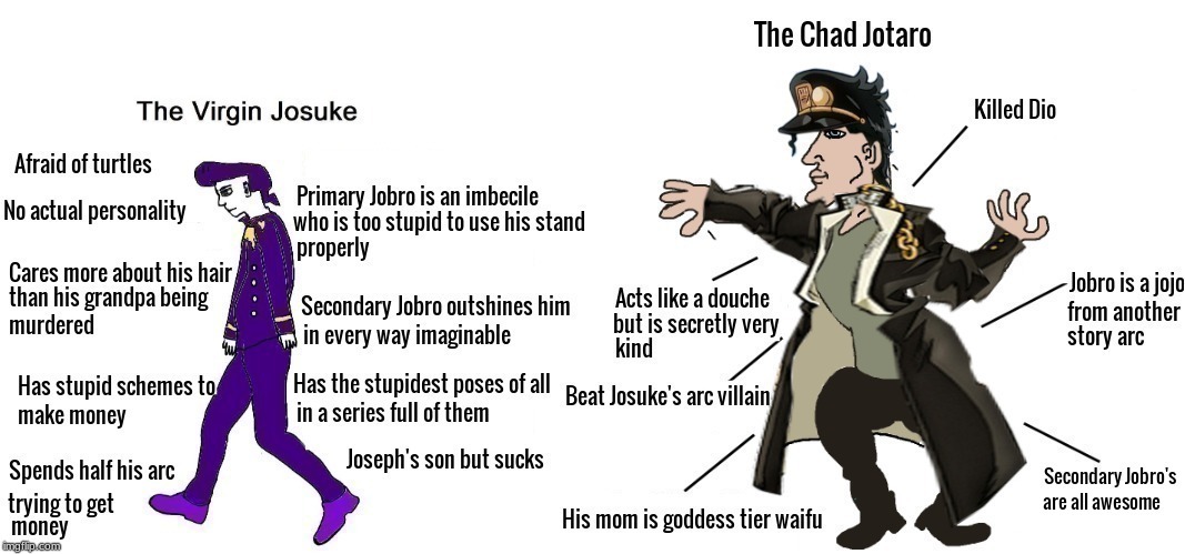 Virgin Josuke and Chad Jotaro | image tagged in jojo's bizarre adventure,chad- | made w/ Imgflip meme maker