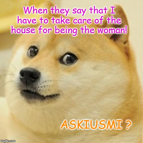 Doge Meme | When they say that I have to take care of the house for being the woman! ASKIUSMI ? | image tagged in memes,doge | made w/ Imgflip meme maker