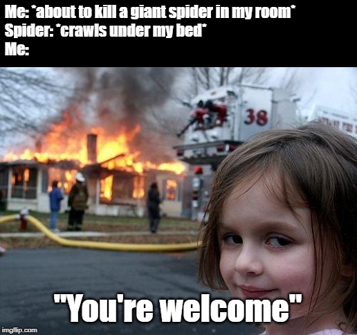 For the greater good | Me: *about to kill a giant spider in my room*
Spider: *crawls under my bed*
Me:; "You're welcome" | image tagged in memes,disaster girl,spider | made w/ Imgflip meme maker
