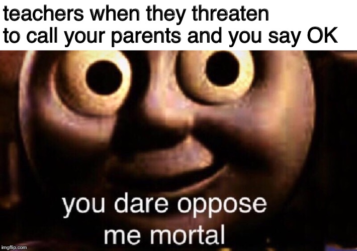 You dare oppose me mortal | teachers when they threaten to call your parents and you say OK | image tagged in you dare oppose me mortal | made w/ Imgflip meme maker
