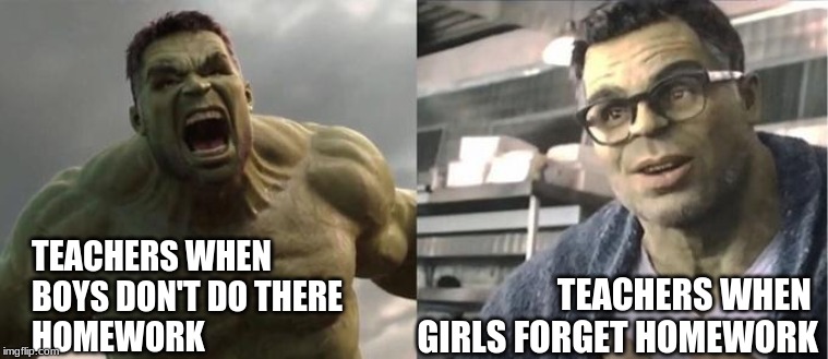 Angry Hulk VS Civil Hulk | TEACHERS WHEN 
BOYS DON'T DO THERE 
HOMEWORK; TEACHERS WHEN 
GIRLS FORGET HOMEWORK | image tagged in angry hulk vs civil hulk | made w/ Imgflip meme maker