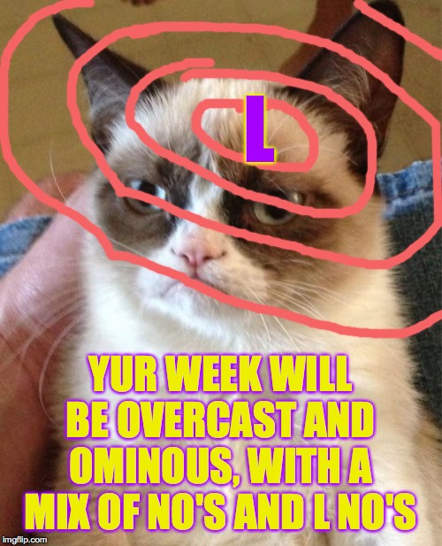 Your Grumpy forecast  ( : | L; YUR WEEK WILL BE OVERCAST AND OMINOUS, WITH A MIX OF NO'S AND L NO'S | image tagged in memes,grumpy cat,forecast looking ominous,no no no and no | made w/ Imgflip meme maker
