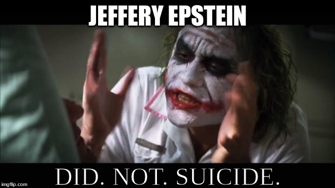 And everybody loses their minds | JEFFERY EPSTEIN; DID. NOT. SUICIDE. | image tagged in jeffrey epstein,not suicide | made w/ Imgflip meme maker