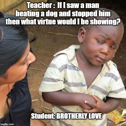 Third World Skeptical Kid Meme | Teacher :  If I saw a man beating a dog and stopped him then what virtue would I be showing? Student: BROTHERLY LOVE | image tagged in memes,third world skeptical kid | made w/ Imgflip meme maker
