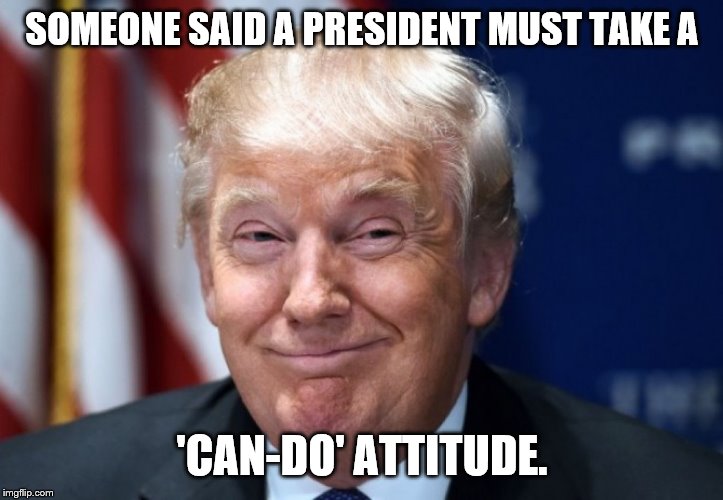 Donald Trump Smiles | SOMEONE SAID A PRESIDENT MUST TAKE A 'CAN-DO' ATTITUDE. | image tagged in donald trump smiles | made w/ Imgflip meme maker