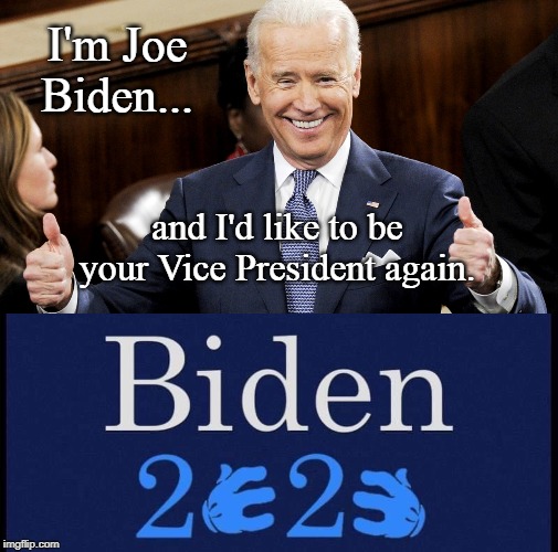 Biden for VP again | I'm Joe Biden... and I'd like to be your Vice President again. | image tagged in joe biden,conservatives,politics,funny memes | made w/ Imgflip meme maker