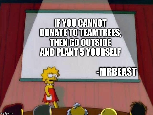 Lisa Simpson's Presentation | IF YOU CANNOT DONATE TO TEAMTREES, THEN GO OUTSIDE AND PLANT 5 YOURSELF; -MRBEAST | image tagged in lisa simpson's presentation | made w/ Imgflip meme maker