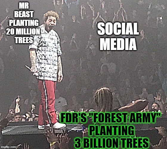 Flashing Post Malone | MR BEAST
PLANTING 20 MILLION 
TREES; SOCIAL MEDIA; FDR'S "FOREST ARMY" 
PLANTING 3 BILLION TREES | image tagged in flashing post malone,forest army,mr beast | made w/ Imgflip meme maker
