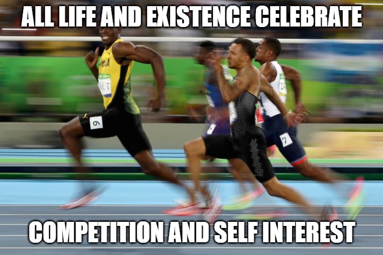 Competition | ALL LIFE AND EXISTENCE CELEBRATE; COMPETITION AND SELF INTEREST | image tagged in competition | made w/ Imgflip meme maker