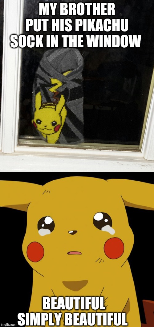 MY BROTHER PUT HIS PIKACHU SOCK IN THE WINDOW; BEAUTIFUL SIMPLY BEAUTIFUL | image tagged in pikachu crying | made w/ Imgflip meme maker